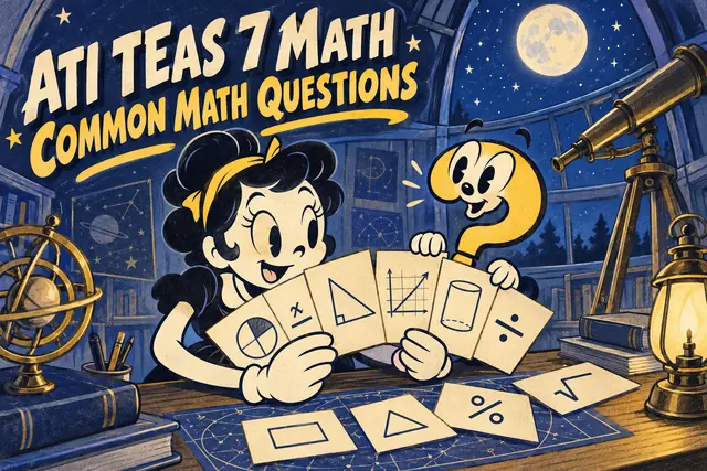 ATI TEAS 7 MATH COMMON MATH QUESTIONS — original handwritten comic illustration.