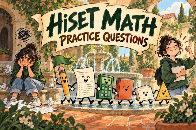 HiSET MATH PRACTICE QUESTIONS — original handwritten comic illustration.