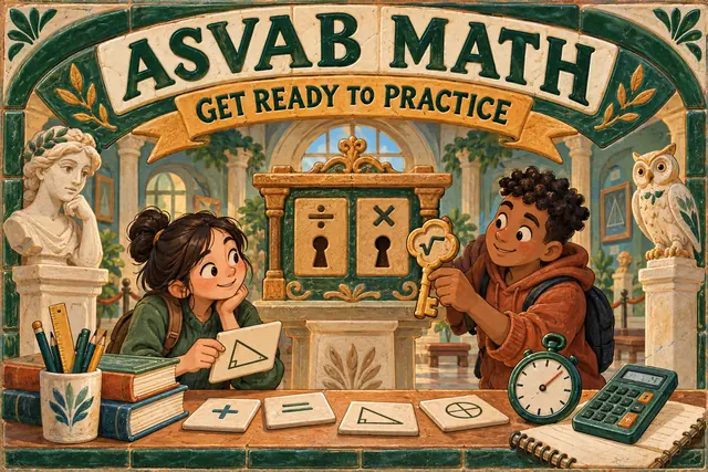 ASVAB MATH GET READY TO PRACTICE — original handwritten comic illustration.