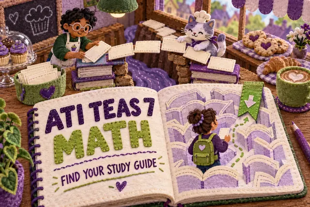 ATI TEAS 7 MATH FIND YOUR STUDY GUIDE — original handwritten comic illustration.