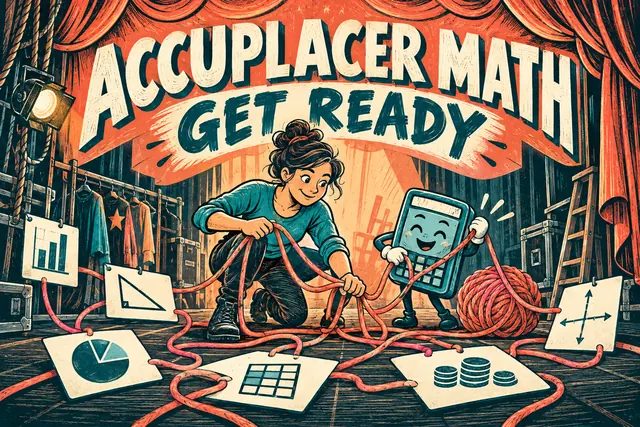 ACCUPLACER MATH GET READY — original handwritten comic illustration.