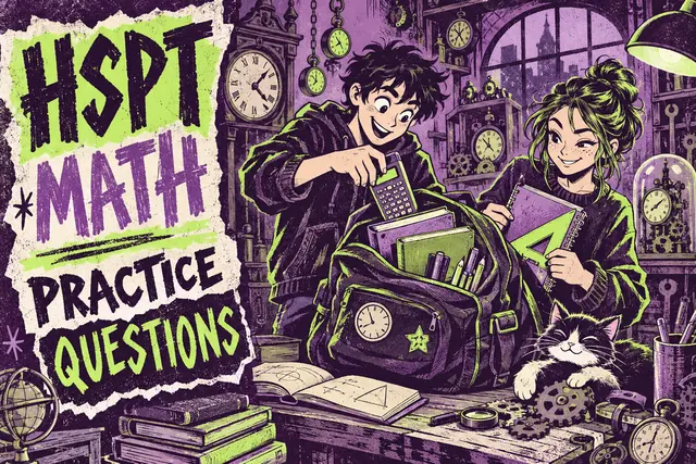 HSPT MATH PRACTICE QUESTIONS — original handwritten comic illustration.