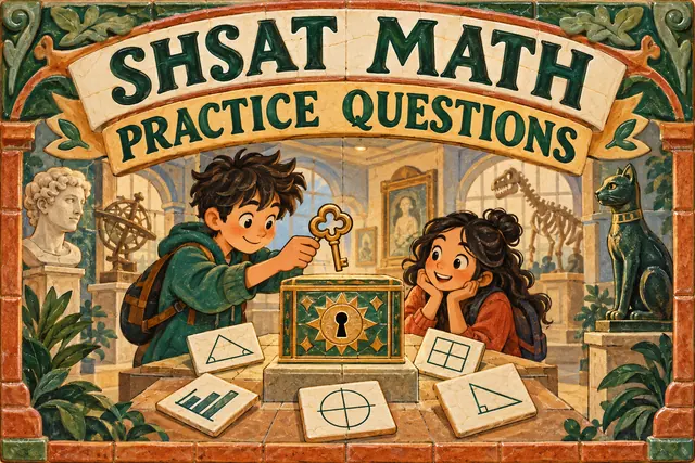 SHSAT MATH PRACTICE QUESTIONS — original handwritten comic illustration.