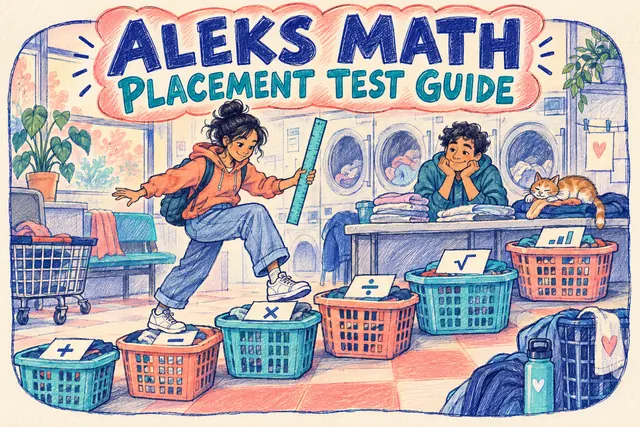 ALEKS MATH PLACEMENT TEST GUIDE — original handwritten comic illustration.