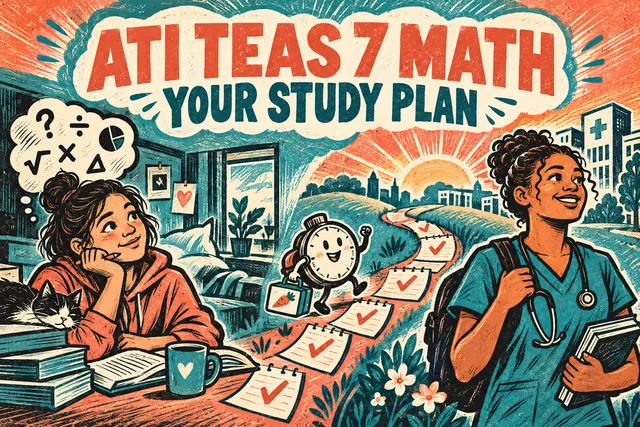 ATI TEAS 7 MATH YOUR STUDY PLAN — original handwritten comic illustration.