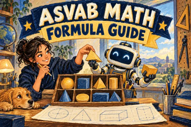 ASVAB MATH FORMULA GUIDE — original handwritten comic illustration.