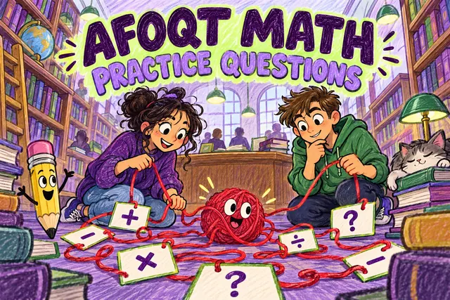AFOQT MATH PRACTICE QUESTIONS — original handwritten comic illustration.