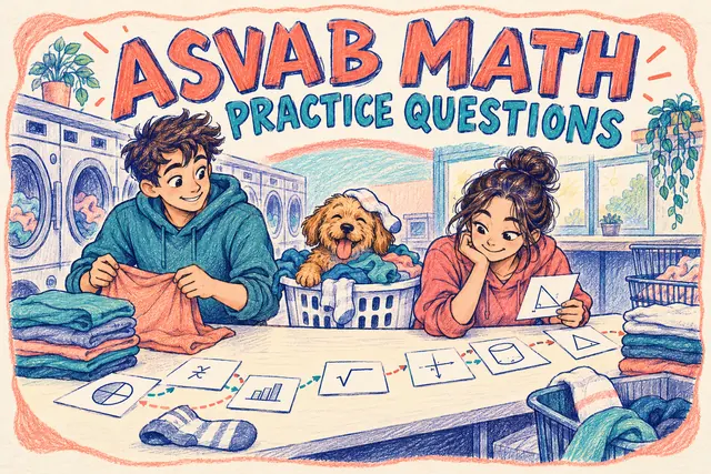 ASVAB MATH PRACTICE QUESTIONS — original handwritten comic illustration.