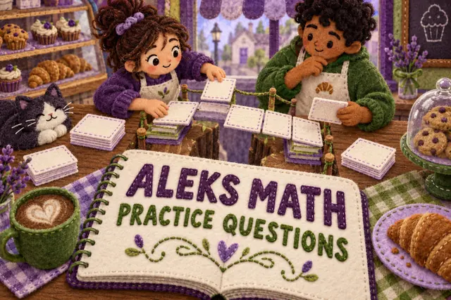 ALEKS MATH PRACTICE QUESTIONS — original handwritten comic illustration.