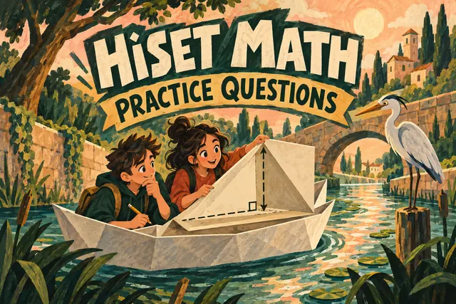 HiSET MATH PRACTICE QUESTIONS — original handwritten comic illustration.