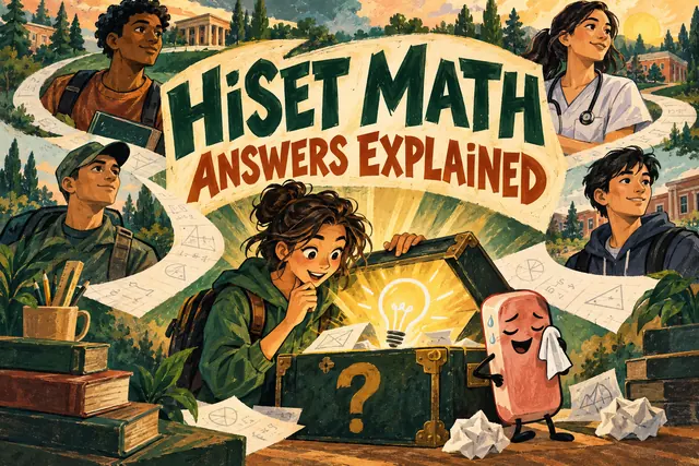 HiSET MATH ANSWERS EXPLAINED — original handwritten comic illustration.