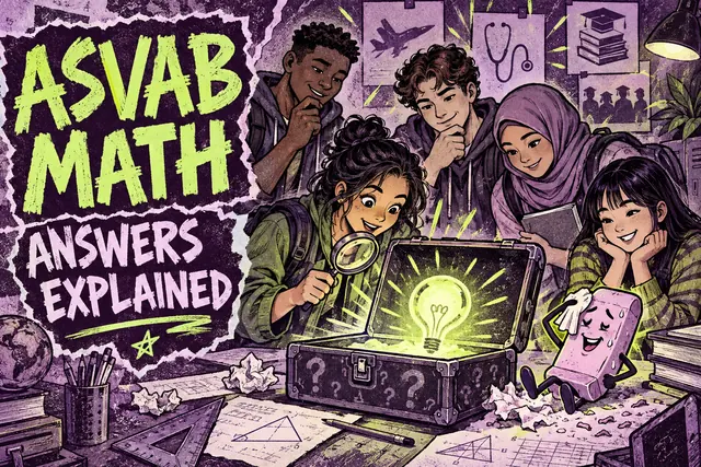 ASVAB MATH ANSWERS EXPLAINED — original handwritten comic illustration.