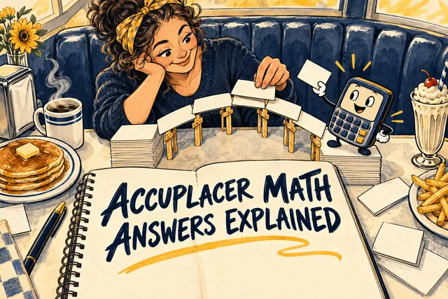 ACCUPLACER MATH ANSWERS EXPLAINED — original handwritten comic illustration.