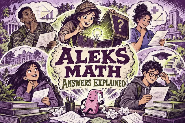 ALEKS MATH ANSWERS EXPLAINED — original handwritten comic illustration.