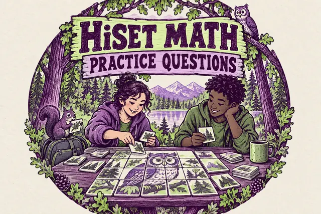 HiSET MATH PRACTICE QUESTIONS — original handwritten comic illustration.