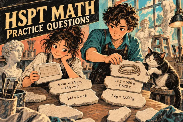 HSPT MATH PRACTICE QUESTIONS — original handwritten comic illustration.