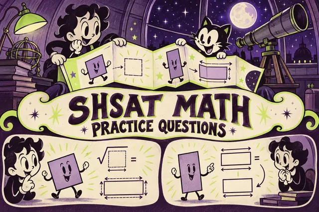 SHSAT MATH PRACTICE QUESTIONS — original handwritten comic illustration.