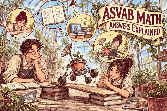 ASVAB MATH ANSWERS EXPLAINED — original handwritten comic illustration.