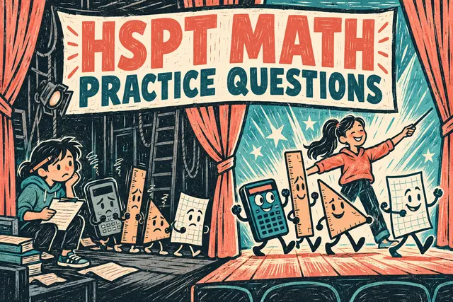 HSPT MATH PRACTICE QUESTIONS — original handwritten comic illustration.