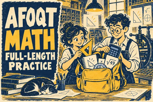 AFOQT MATH FULL-LENGTH PRACTICE — original handwritten comic illustration.