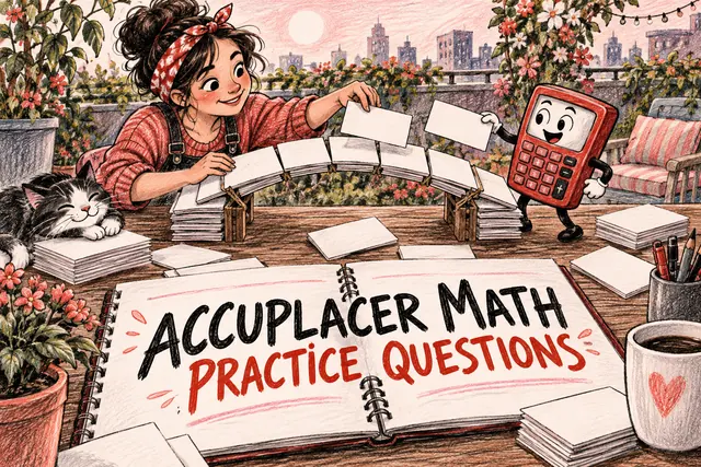 ACCUPLACER MATH PRACTICE QUESTIONS — original handwritten comic illustration.