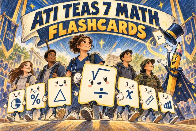 ATI TEAS 7 MATH FLASHCARDS — original handwritten comic illustration.