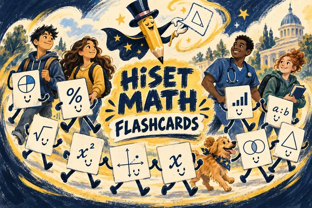 HiSET MATH FLASHCARDS — original handwritten comic illustration.