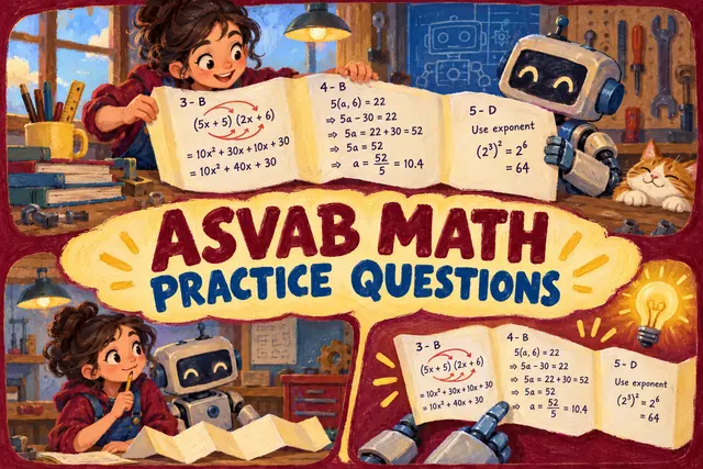 ASVAB MATH PRACTICE QUESTIONS — original handwritten comic illustration.