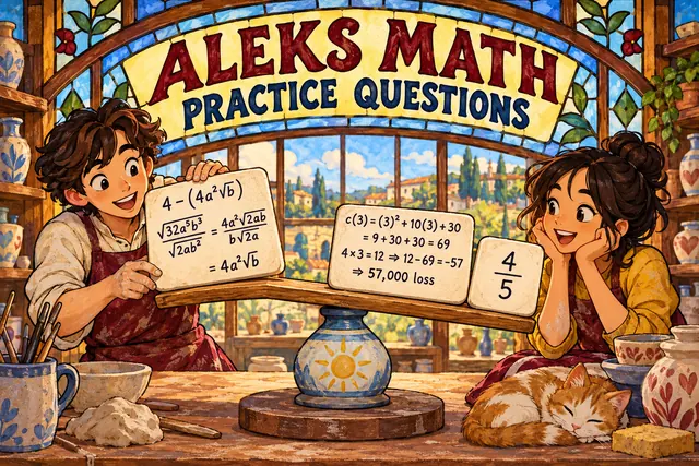 ALEKS MATH PRACTICE QUESTIONS — original handwritten comic illustration.