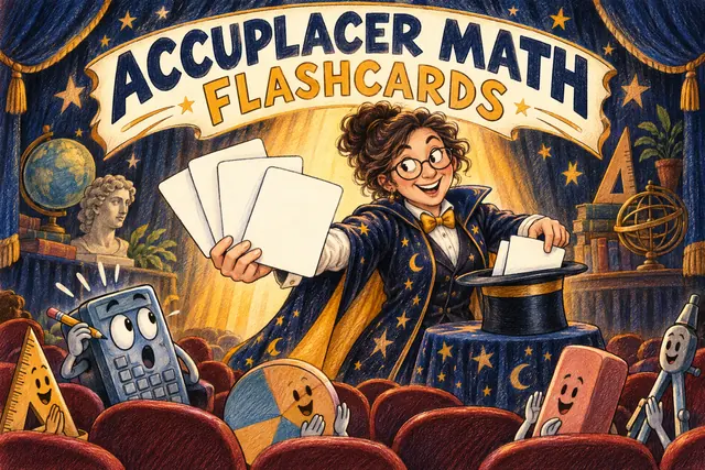 ACCUPLACER MATH FLASHCARDS — original handwritten comic illustration.