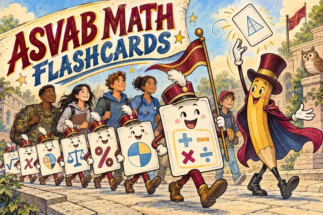 ASVAB MATH FLASHCARDS — original handwritten comic illustration.
