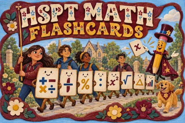 HSPT MATH FLASHCARDS — original handwritten comic illustration.