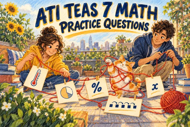 ATI TEAS 7 MATH PRACTICE QUESTIONS — original handwritten comic illustration.