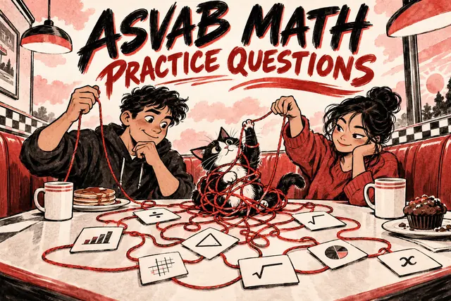 ASVAB MATH PRACTICE QUESTIONS — original handwritten comic illustration.