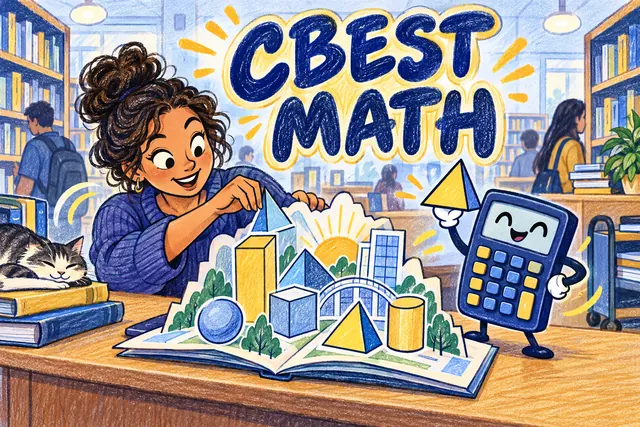CBEST MATH — original handwritten comic illustration.
