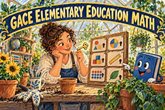 GACE ELEMENTARY EDUCATION MATH — original handwritten comic illustration.
