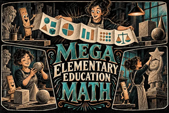 MEGA ELEMENTARY EDUCATION MATH — original handwritten comic illustration.