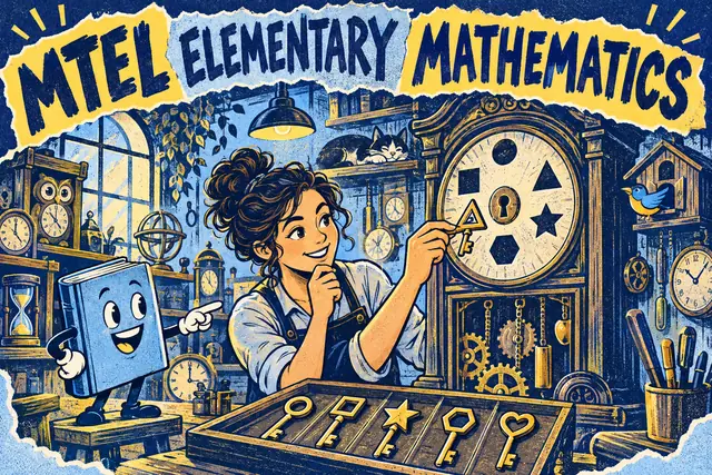 MTEL ELEMENTARY MATHEMATICS — original handwritten comic illustration.