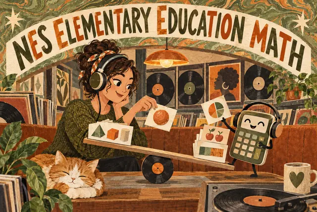 NES ELEMENTARY EDUCATION MATH — original handwritten comic illustration.
