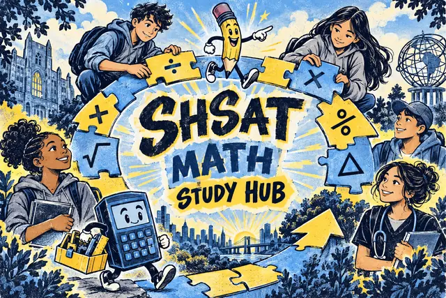 SHSAT MATH STUDY HUB — original handwritten comic illustration.