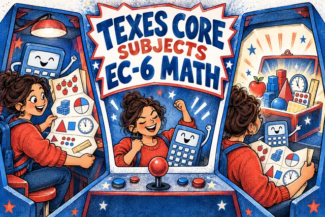 TEXES CORE SUBJECTS EC-6 MATH β original handwritten comic illustration.