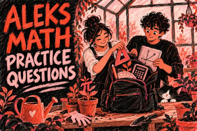 ALEKS MATH PRACTICE QUESTIONS — original handwritten comic illustration.
