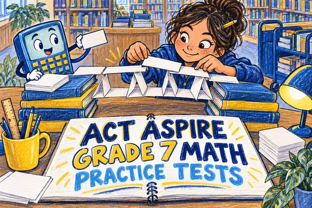 ACT ASPIRE GRADE 7 MATH PRACTICE TESTS — original handwritten comic illustration.