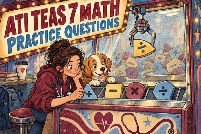 ATI TEAS 7 MATH PRACTICE QUESTIONS — original handwritten comic illustration.