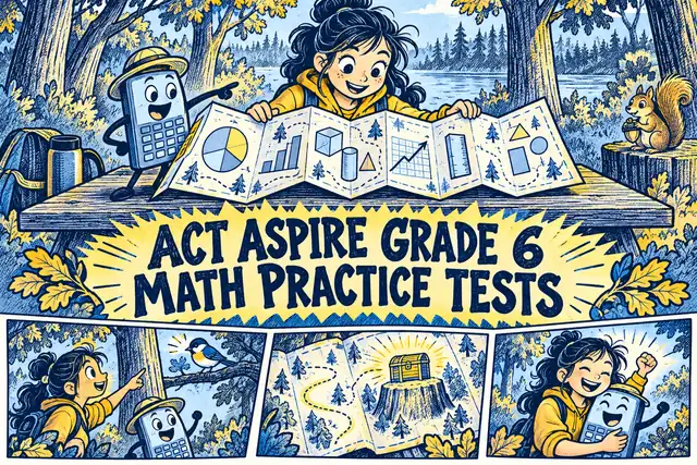 ACT ASPIRE GRADE 6 MATH PRACTICE TESTS — original handwritten comic illustration.
