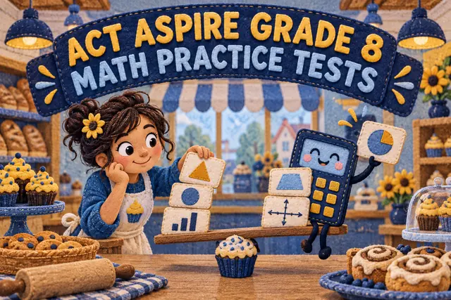 ACT ASPIRE GRADE 8 MATH PRACTICE TESTS — original handwritten comic illustration.