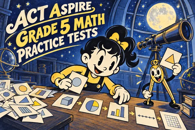 ACT ASPIRE GRADE 5 MATH PRACTICE TESTS — original handwritten comic illustration.