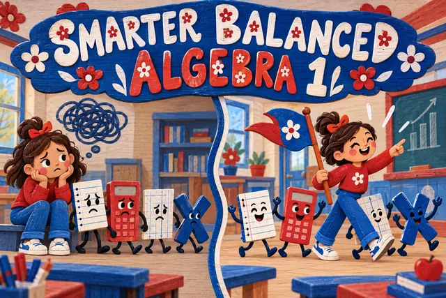 SMARTER BALANCED ALGEBRA 1 — original handwritten comic illustration.