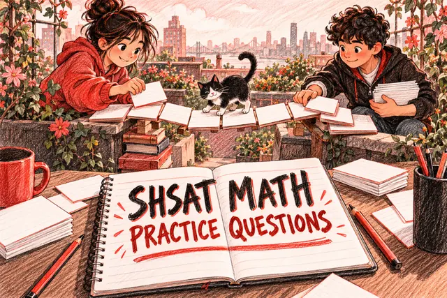 SHSAT MATH PRACTICE QUESTIONS — original handwritten comic illustration.