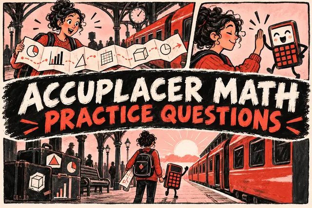 ACCUPLACER MATH PRACTICE QUESTIONS — original handwritten comic illustration.